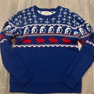V28 Merry Christmas Sweater Blue Pullover Size Medium Reindeer Penguin